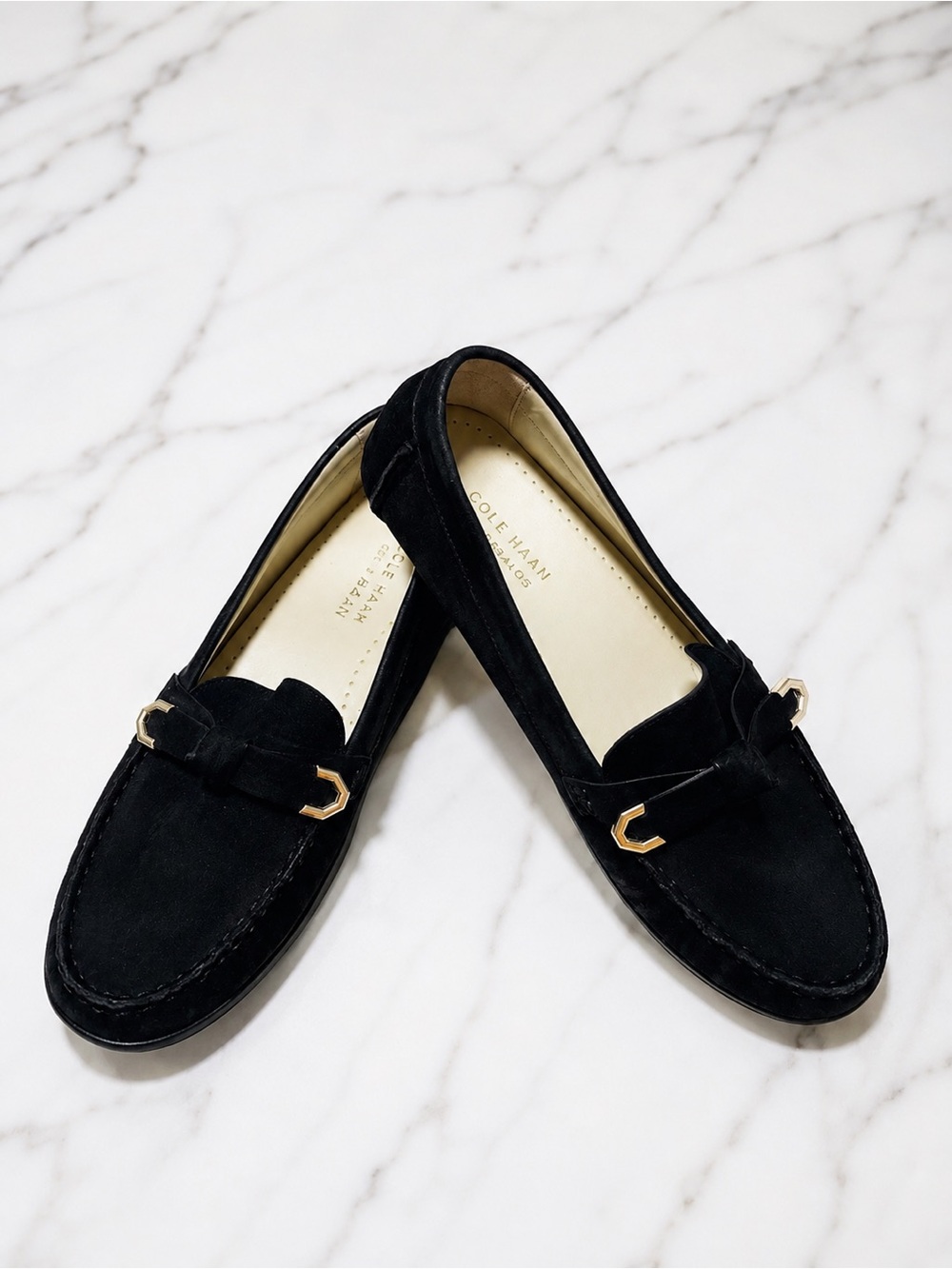 Cole Haan Evelyn Bow Driver Loafers Black Suede Nubuck Flats 7.5B NEW